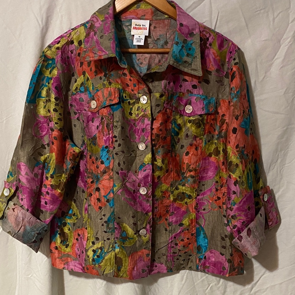Ruby Rd. Multicolor Floral Button-Down Shirt Jacket - Picture 3 of 5
